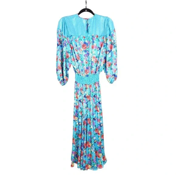 Diane Freis Womens Dress Jacket Set Vtg Georgette Blue Polka Dot Floral Maxi 6 - Picture 3 of 16